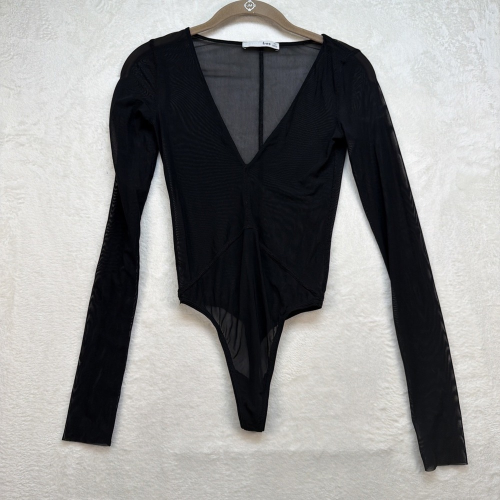 Wilfred Free Bodysuit Womens XS Black Sheer Mesh Deep V Long Sleeve Minimal